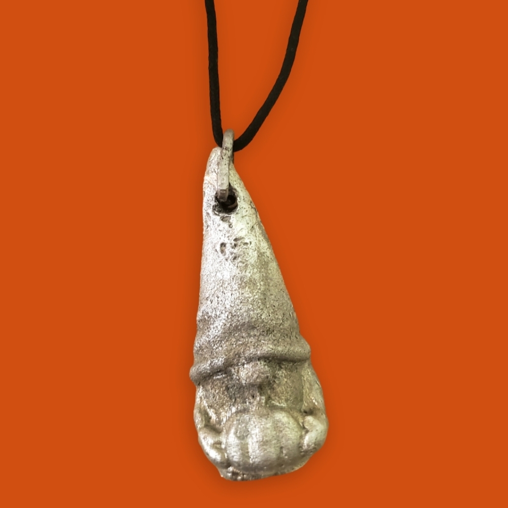 Handmade Mischievous Gnome Stealing Pumpkin Necklace Made of Zinc